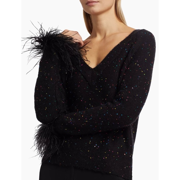 Milly Sweaters - Milly Sequin Feather V-Neck Sweater Black Ostrich Cuffs Embellished Pullover